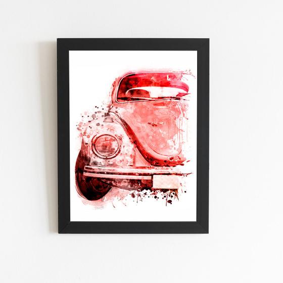 Imagem de Fusca Aquarela Vermelho Carro Quadro Moldura Preta 60x40cm