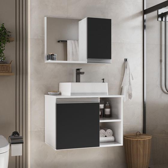 Imagem de Gabinete armario banheiro virtus 60cm + cuba soprepor + espelheira branco/preto