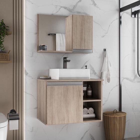 Imagem de Gabinete armario banheiro virtus 60cm + cuba soprepor + espelheira madeirado