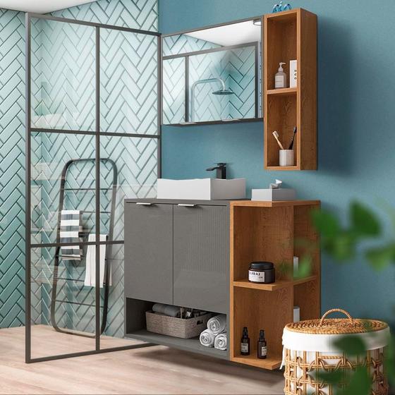Imagem de Gabinete Armário Para Banheiro 70 cm Com Espelheira E Cuba Titanium Naturalle Isla Shop JM