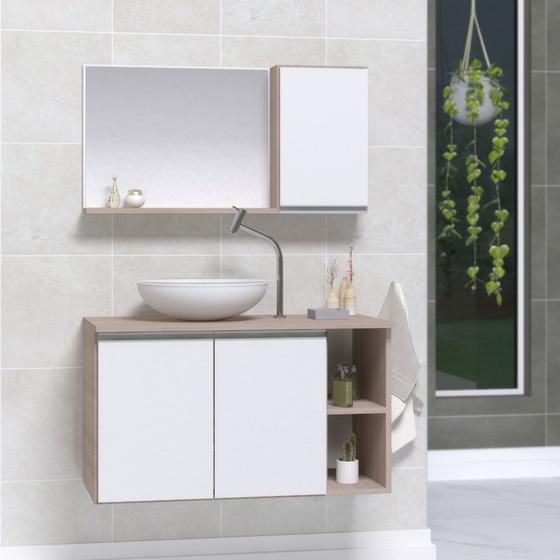 Imagem de Gabinete banheiro armário 80cm + cuba vidro branca + espelheira madeirado/branco