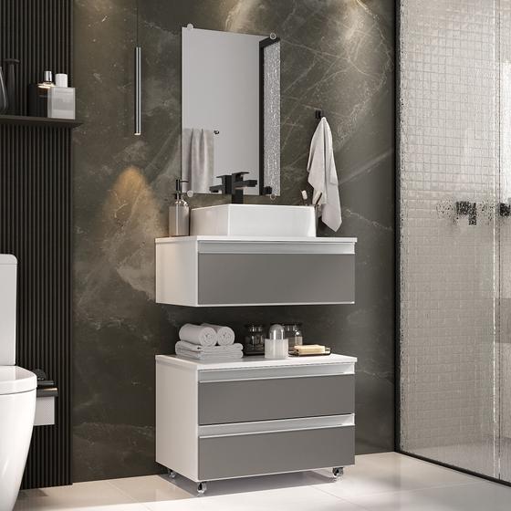 Gabinete banheiro creta 60cm com cuba sobrepor e espelho branco/cinza Menor preço em Gabinete banheiro creta 60cm com cuba sobrepor e espelho branco/cinza