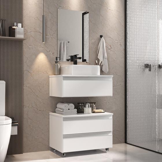 Gabinete banheiro creta 60cm com cuba sobrepor e espelho branco inteiro Menor preço em Gabinete banheiro creta 60cm com cuba sobrepor e espelho branco inteiro