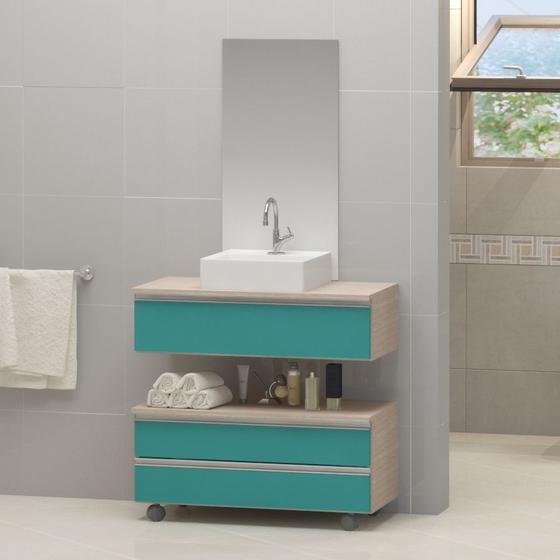 Imagem de Gabinete banheiro creta 60cm com cuba sobrepor e espelho madeirado/acquamarine