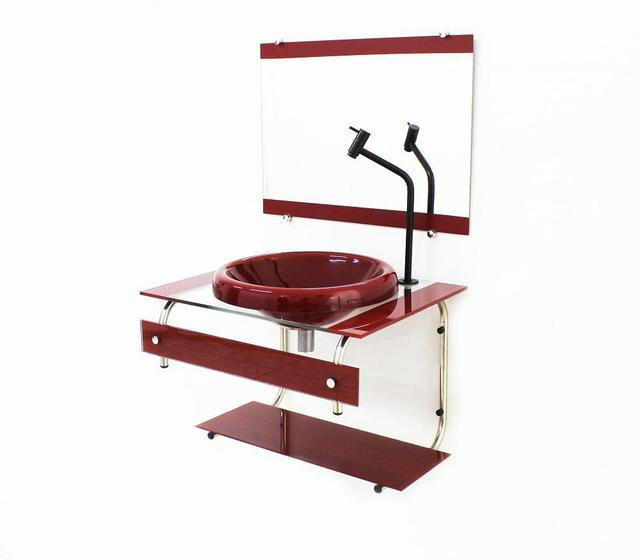 Imagem de Gabinete Com Cuba Para Banheiro De Vidro 60Cm Inox Vermelho