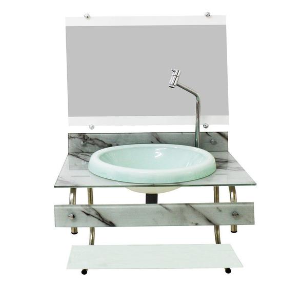 Imagem de Gabinete com cuba para banheiro de vidro itxx 60cm inox mármore branco com torneira cromada