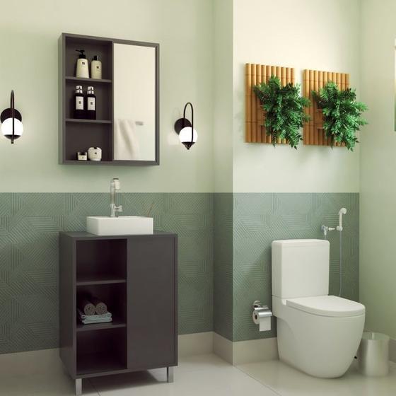Imagem de Gabinete de Banheiro 60cm Julia com Balcão 1 Porta Correr e Espelheira com Cuba Branca