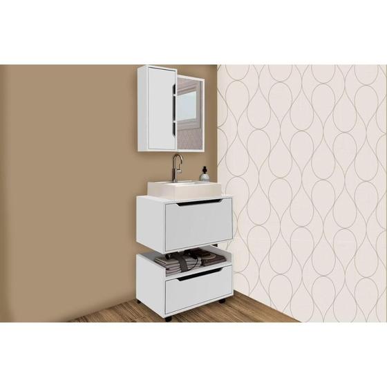 Imagem de Gabinete de Banheiro Balcão Suspenso BN3646 e Balcão c/ Rodízios BN3647 60cm e Armário c/ Espelho BN3648 60cm Branco - Tecno Mobili
