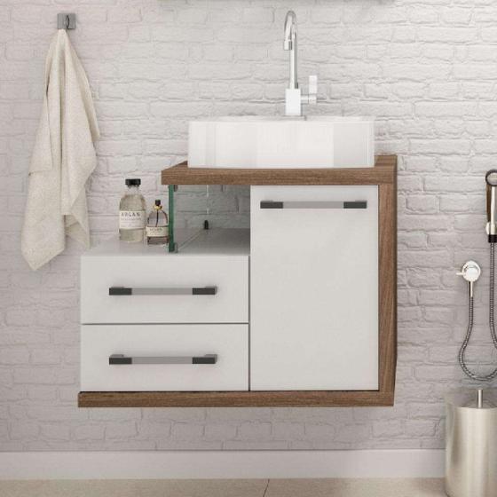 Gabinete de Banheiro com Cuba Aria 41 Wood 1 PT 2 GV Branco e Nogal - Compace Imagem de Gabinete de Banheiro com Cuba Aria 41 Wood 1 PT 2 GV Branco e Nogal