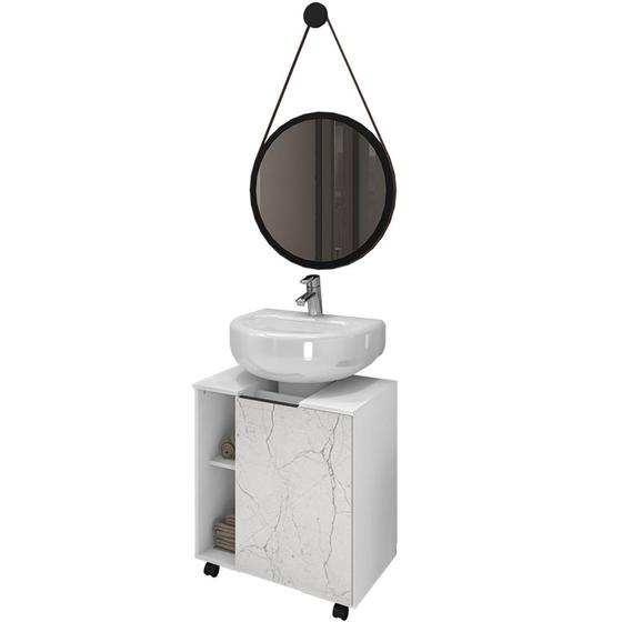 Imagem de Gabinete de Coluna Para Banheiro Pequin Branco Carrara B02 com Espelho Adnet 54 cm Preto - Lyam Decor