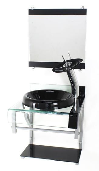 Imagem de Gabinete de vidro 40cm para banheiro curvado duplo pc cuba chapéu  com torneira cascata preto