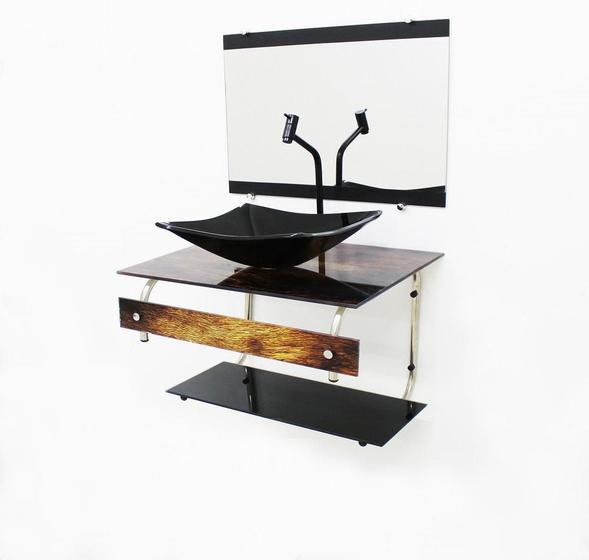 Imagem de Gabinete De Vidro 60Cm Inox Com Cuba Retangular - Madeira