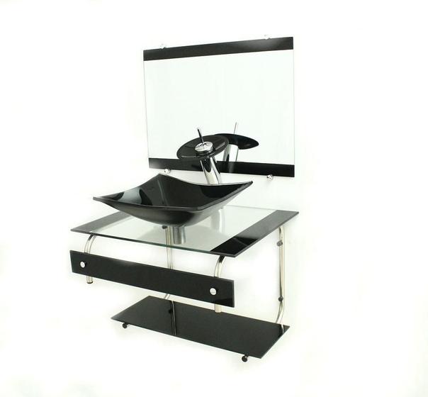 Imagem de Gabinete De Vidro 60Cm It Inox Com Cuba Retangular Preto