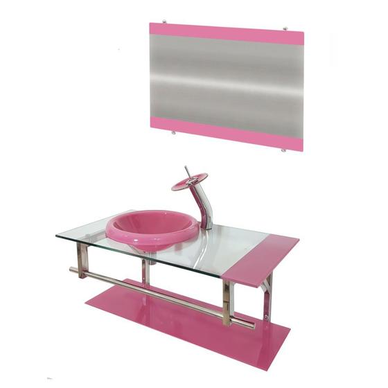 Imagem de Gabinete de vidro 90cm iq inox com cuba chapéu redonda - rosa
