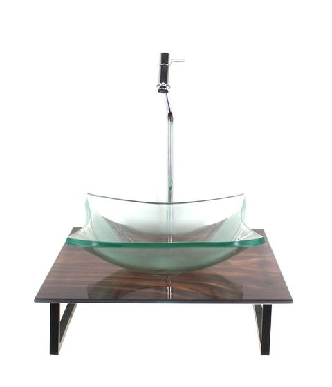 Imagem de Gabinete de vidro com cuba quadrada incolor com tampo de vidro 40cm x 40cm madeira nogueira