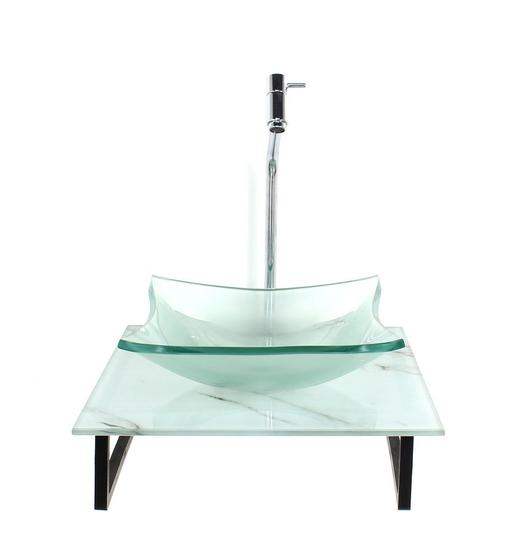 Imagem de Gabinete de vidro com cuba quadrada incolor com tampo de vidro 40cm x 40cm mármore branco mais torneira metal