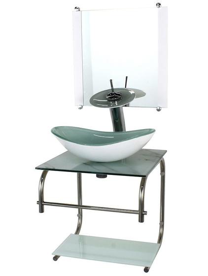 Imagem de Gabinete de vidro cuba oval 40cm inox marmore branco com torneira cascata