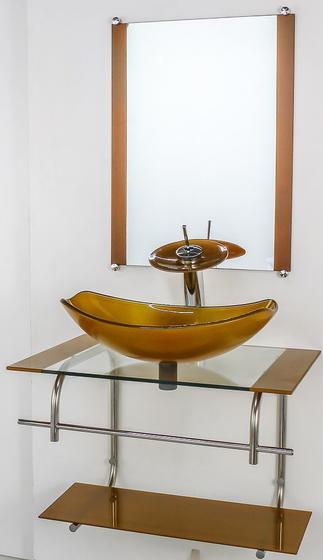 Imagem de Gabinete de vidro para banheiro inox 60cm cuba oval chanfrada dourado real