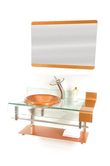 Imagem de Gabinete de vidro para banheiro inox 90cm curvado duplo com torneira cascata dourado real