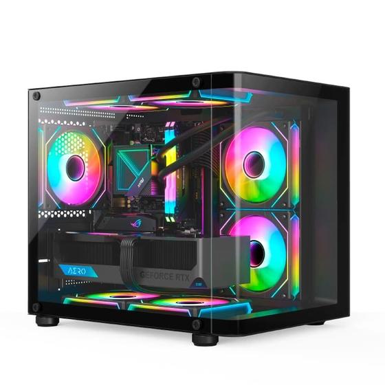 Gabinete Gamer HAYOM, Mini Tower, Lateral e Frontal em vidro, 4x FANs, Preto - GB1798 Imagem de Gabinete Gamer HAYOM, Mini Tower, Lateral e Frontal em vidro, 4x FANs, Preto - GB1798