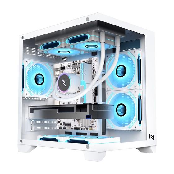 Imagem de Gabinete gamer neologic aquario full glass, mid-tower, lateral e frontal vidro temperado, branco, 3 fans argb - nl-fglwh