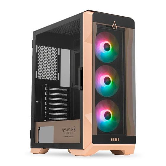 Imagem de Gabinete Gamer Pichau Pouter 3 Assassin's Creed Mirage, RGB, Mid-Tower, Lateral de Vidro, Com 3 Fans, PG-P03-MRG