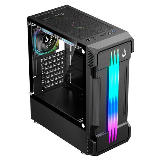 Imagem de Gabinete Gamer Rise Mode Zeus Glass 01, Mid Tower, Led Frontal customizável, Lateral em Vidro, Sem FANs, Preto - RM-CA-ZE-01-FB