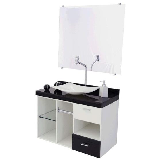 Imagem de Gabinete para Banheiro 2 Gavetas com Espelho e Cuba Mizu Premium Gabinetes Branco/Preto