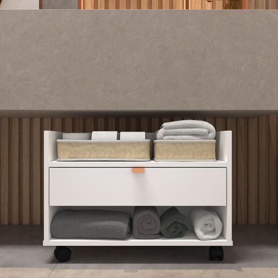 Gabinete para Banheiro Armário com Rodinhas 60cm Branco com Cobre Multiuso de Madeira Menor preço em Gabinete para Banheiro Armário com Rodinhas 60cm Branco com Cobre Multiuso de Madeira