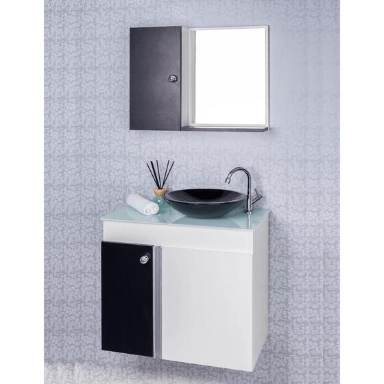 Imagem de Gabinete para Banheiro Branco e Preto com Cuba Preta e Armário com Espelho