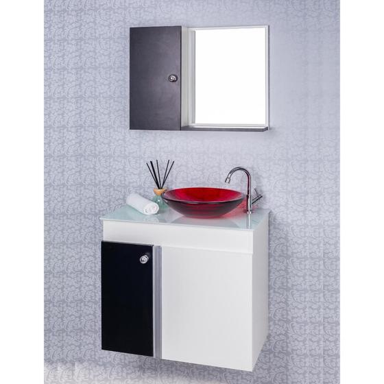 Imagem de Gabinete para Banheiro Branco e Preto com Cuba Vermelha e Armário com Espelho