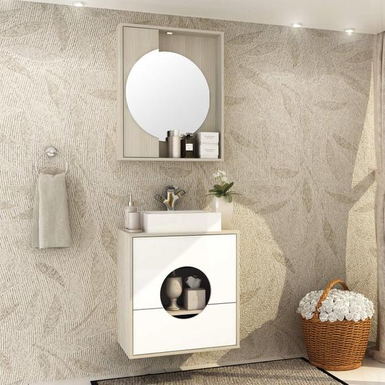 Imagem de Gabinete para Banheiro com Espelheira com LED e Cuba Florença Móveis Bosi Taeda/Branco