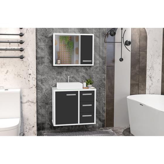 Imagem de Gabinete para Banheiro com Tampo de Vidro Cuba de Sobrepor e Espelheira 60cm Turin