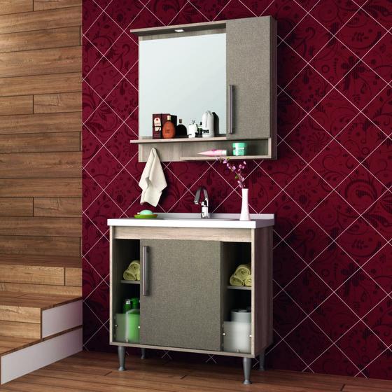 Imagem de Gabinete para Banheiro Lavatório e Armário com Espelho 80cm Brisa Móveis Bosi Barrique/Tweed