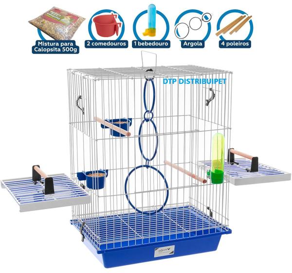 Imagem de Gaiola Passaros Mansos Calopsita +acessórios Argolas Cor Azul