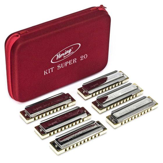 Gaita de Boca Kit Super 20 com 6 gaitas case luxo Hering Menor preço em Gaita de Boca Kit Super 20 com 6 gaitas case luxo Hering
