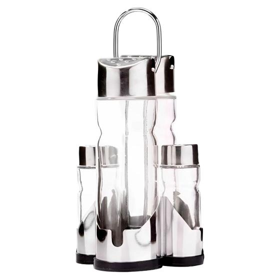 Imagem de Galheteiro De Mesa 4 Peças De Vidro Com Suporte Inox
