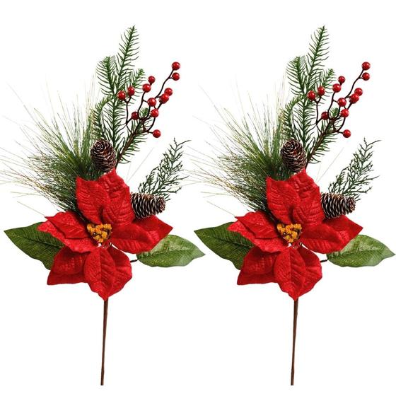 Imagem de Galho Flor Bico de Papagaio Natal Vermelho Decorado Pinhas Naturais e Berries 40cm - Magizi