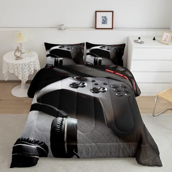 Imagem de Gamepad Bedding Set Boys Game Controller Edredom para Crianças Meninas Adolescentes Gamer Moderno Fone de Ouvido Edredom Set Jovem Gaming Console Video Game Decoração Edredom Set com 2 Fronhas Full Size Preto