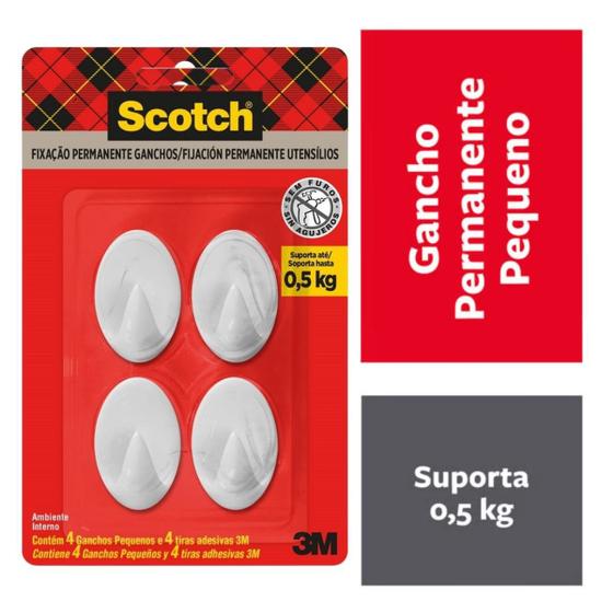 Imagem de Gancho adesivo branco pequeno com 4 unidades 3m scotch