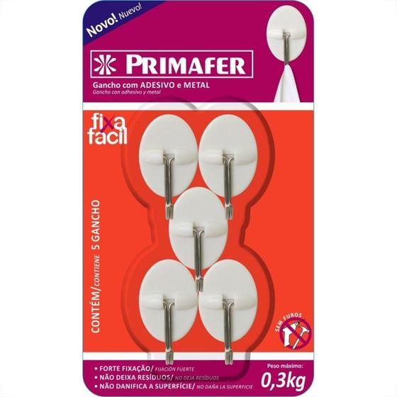 Imagem de Gancho Adesivo Primafer Branco Plastico/Metal 0,3 1Kg 5Peca Oval Pr2562