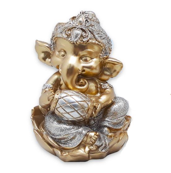 Imagem de Ganesha da Prosperidade Ganesh Músico Percussão Gold 14 cm