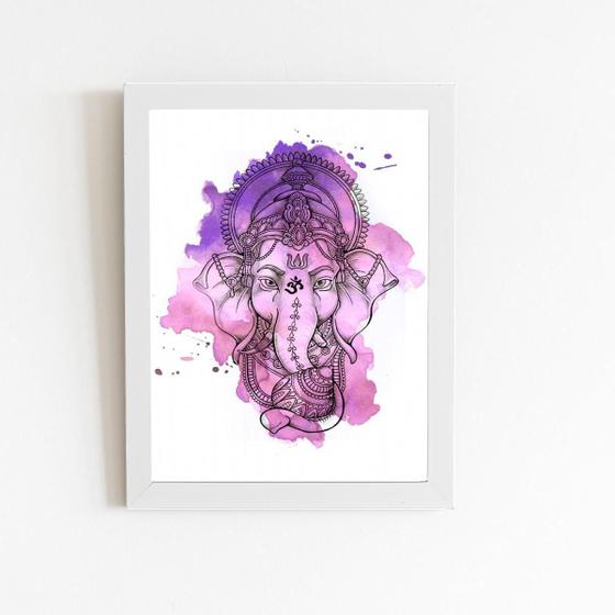 Imagem de Ganesha Deus Hindu Aquarela Quadro Moldura Branca 60X40Cm