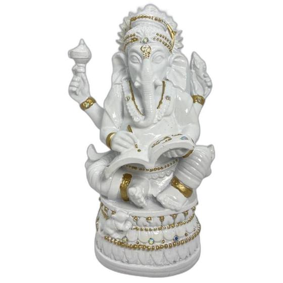 Imagem de Ganesha Livro Sabedoria Branco em Resina 17 cm