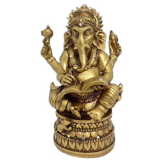 Imagem de Ganesha Livro Sabedoria Dourado Em Resina 17 Cm