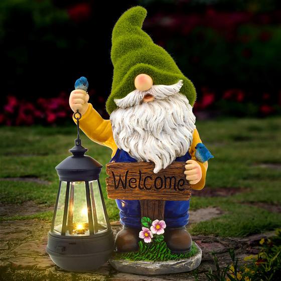 Imagem de Garden Gnomes Olekki Flocked Gnome com luzes LED solares de 30 cm