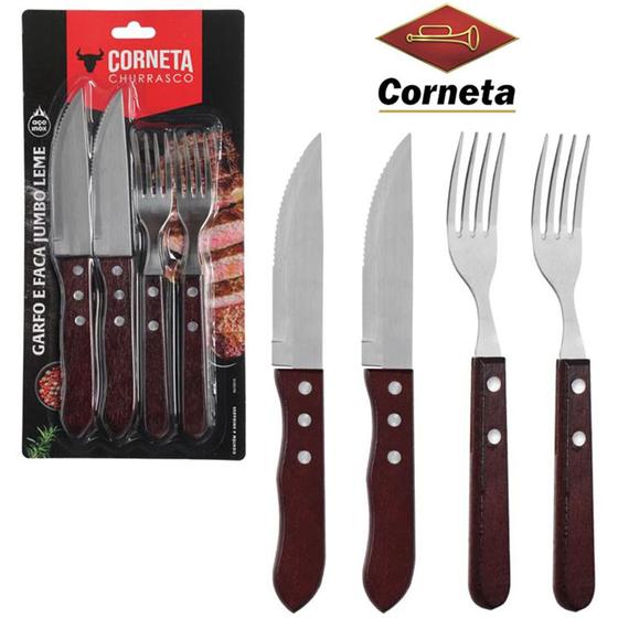 Imagem de garfo com faca de churrasco de inox cabo madeira jumbo