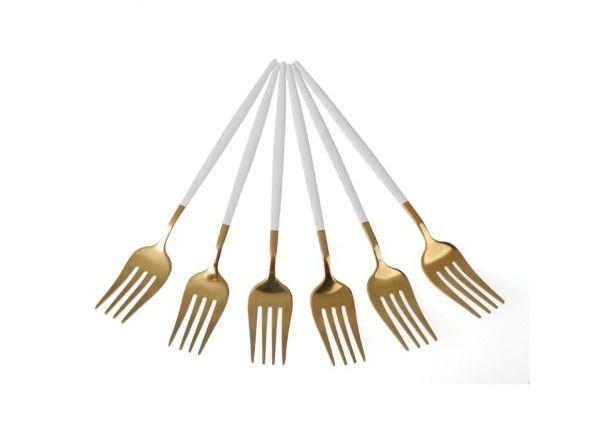 Imagem de Garfo Lux Collection com 6pçs em Inox Dourado/Branco 21,5cm - Dolce Home