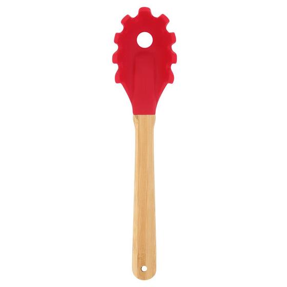 Imagem de Garfo para Massas de Silicone Mor Com Cabo de Bamboo Vermelho Resistente ao Calor