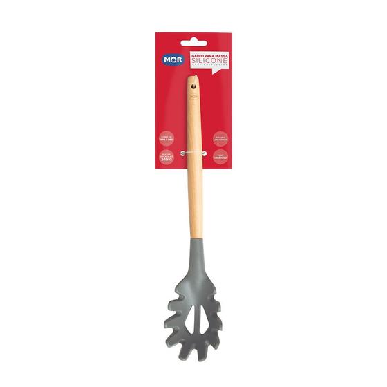 Imagem de Garfo Talher Pegador Massa Culinário Silicone 31cm Utensílio Cabo Madeira Cozinha - 8659 Mor